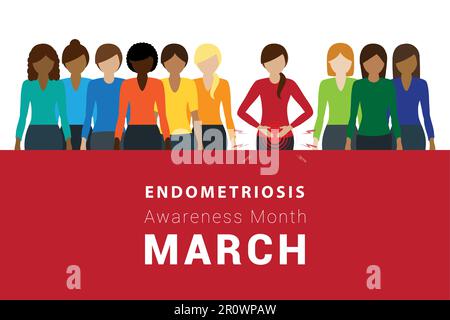 Eine von zehn Frauen hat Endometriose Illustration von verschiedenen Frauen eine mit Bauchschmerzen Stock Vektor