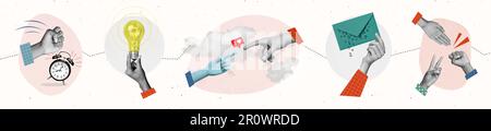Sammlung Bildcollage verschiedener Menschen Weckglocke entscheidet über genialen Plan nach dem Netzwerk über Behinderung Nachrichten erhalten, die mit Freunden gespielt werden Stockfoto