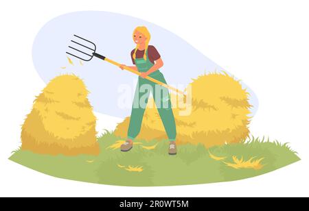 Farmerin, die Heu mit einer Mistgabel stapelt Stock Vektor