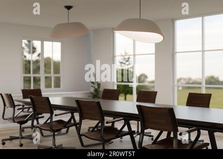 Innendesign eines modernen Besprechungs- oder Konferenzraums mit dunklem Hartholztisch, Stühlen, stilvollen Pendelleuchten und Fenstern. Seitenansicht. 3 Stockfoto