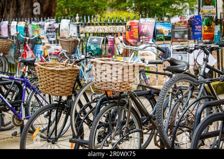 Fahrräder im Zentrum von Cambridge. Cambridge ist bekannt für Fahrräder. Das Stadtzentrum ist auf Kraftfahrzeuge beschränkt. Als Universitätsstadt ist Radfahren bei Studenten sehr beliebt. Stockfoto