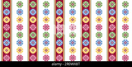Farbenfrohes geometrisches Vektor-Streifenmuster, nahtloses Muster, Verzierung für Textilgewebe. Farbenfrohes Streifenmuster im karpaten Lemky-Stil. Ukrainisches Volk Stock Vektor
