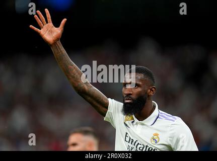 Antonio Rudiger von Real Madrid während der UEFA Champions League, Halbfinale, erste Etappe im Santiago Bernabeu Stadion in Madrid, Spanien. Foto: Dienstag, 9. Mai 2023. Stockfoto