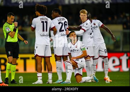 Verona, Italien. 21. April 2023. Bolognas Nicolas Dominguez während des Spiels Hellas Verona FC vs Bologna FC, italienisches Fußballspiel Serie A in Verona, Italien, April 21 2023 Kredit: Independent Photo Agency/Alamy Live News Stockfoto