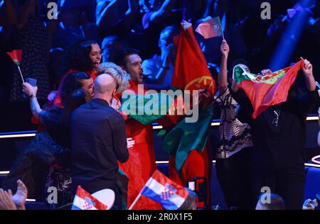 Zagreb, Kroatien. 09. Mai 2023. Künstler aus Portugal reagieren am 9. Mai 2023 auf das Halbfinale 1 der Eurovision 2023 in der Liverpool Arena in Liverpool, England. Foto: Sanjin Strukic/PIXSELL Credit: Pixsell/Alamy Live News Stockfoto