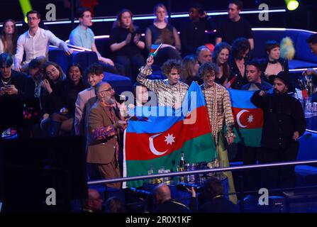 Zagreb, Kroatien. 09. Mai 2023. TuralTuranX aus Aserbaidschan reagiert am 9. Mai 2023 auf das Halbfinale 1 der Eurovision 2023 in der Liverpool Arena in Liverpool, England. Foto: Sanjin Strukic/PIXSELL Credit: Pixsell/Alamy Live News Stockfoto