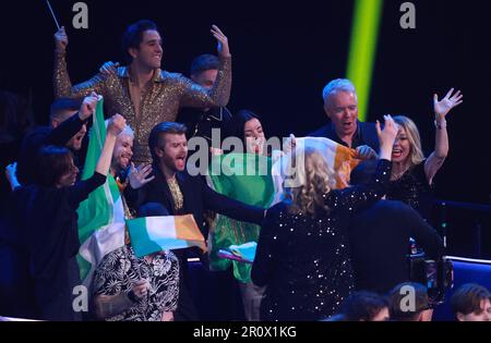 Zagreb, Kroatien. 09. Mai 2023. Wild Youth from Ireland reagiert am 9. Mai 2023 während des Eurovision 2023 Semi-Finale 1 in der Liverpool Arena in Liverpool, England. Foto: Sanjin Strukic/PIXSELL Credit: Pixsell/Alamy Live News Stockfoto