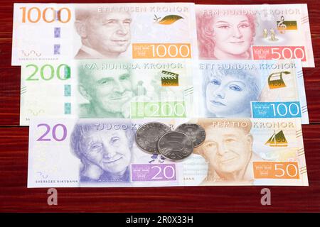Schwedisches Geld - Kronen - Münzen und Banknoten Stockfoto