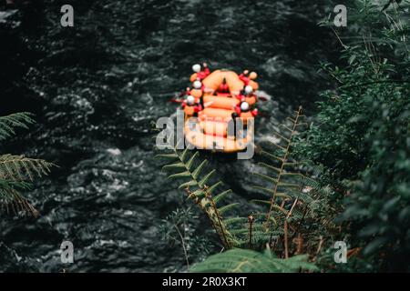 Großes aufblasbares Boot mit sieben Personen an Bord, die auf dem gewaltigen Fluss rudern, mit viel Strömung in der Vegetation in Okere, neuseeland - Natur Stockfoto