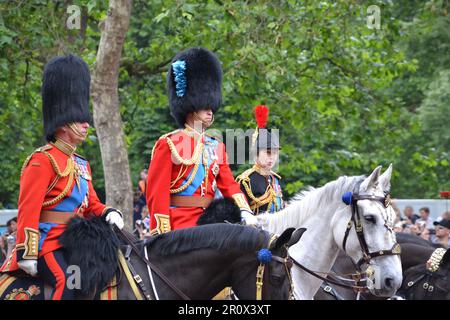 Prinz Charles, Prinz Williams und Prinzessin Anne auf ihren Pferden bei der Trooping the Colour Parade 2016 entlang der Mall. Stockfoto