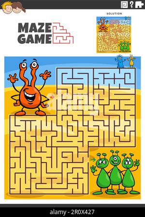 Cartoon-Darstellung von pädagogischen Labyrinth-Puzzle-Aktivitäten mit lustigen Aliens-Figuren Stock Vektor