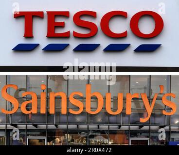 Undatierte Aktenfotos der Logos von Tesco und Sainsbury's. Tesco ist Sainsbury's gefolgt und hat den Preis für Brot und Butter seiner eigenen Marke gesenkt. Der größte Supermarkt Großbritanniens hat den Preis seines beliebtesten Brots, Tesco Toastie White Bread, von 85P auf 75p gesenkt. Außerdem hat sie 10p Dollar vom Preis für ihr eigenes weißes, vollmundiges Medium und vollmundiges dickes 800g-Brot gespart, was sie bei 75p liegen lässt. Ausgabedatum: Mittwoch, 10. Mai 2023. Stockfoto