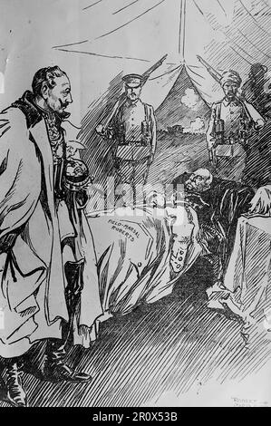 Ein Cartoon der Central News, der ursprünglich in der New York Evening Sun erschien. Der amerikanische Karikaturist Robert Carter zeigt Field Marshall Roberts (Frederic Sleigh Roberts) auf seinem Sterbebett, das von anderen übersehen wird, darunter Kaiser Wilhem II. Von Deutschland. 14. November 1914 Sehr leichte Falten auf der Oberfläche des Originals. Stockfoto