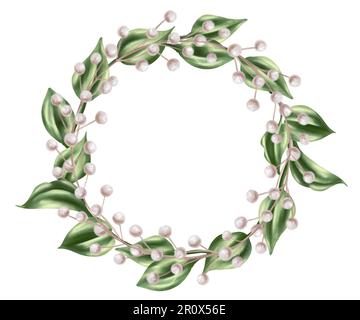Eleganter Kranz in einem runden Rahmen aus grünen Rosenblättern und getrockneten dekorativen Zweigen im Aquarellstil. Digitale Abbildung auf weißem Hintergrund. Fo Stockfoto