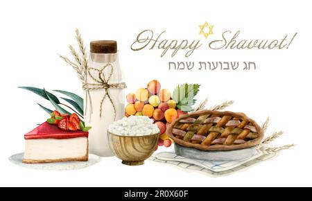 Aquarell Happy Shavuot horizontales Banner mit Grüßen. Weihnachtsfoto mit Weizen, Milch, Apfelkuchen, Trauben Stockfoto