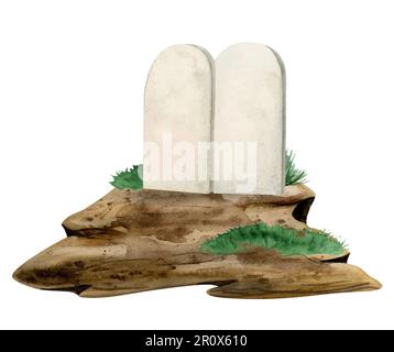 Aquarell-Steintafeln mit zehn Geboten auf dem Sinai mit Platz für Text. Shavuot-Grußvorlage Stockfoto