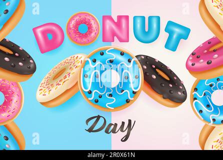Donut-Feiertag. 3D-Vektordarstellung mit Schokolade, Bärenmotiv und Vanille-Donut, geeignet für Veranstaltungen, Werbung, Banner, Poster und Designelemente Stock Vektor