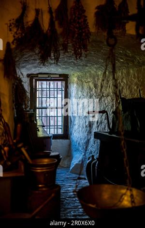 Apothekenmuseum, Burgmuseum über die Geschichte der Apotheke mit über 20.000 Ausstellungen über 2000 Jahre medizinische Wissenschaft und Pharmazie, einschließlich Glasapothek Stockfoto