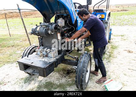 Ölstandsprüfung Für Fahrzeugwartung. Wartung und Reparatur des Traktors. Nahaufnahme der Hydraulikleitungen der Schwerindustrie Stockfoto