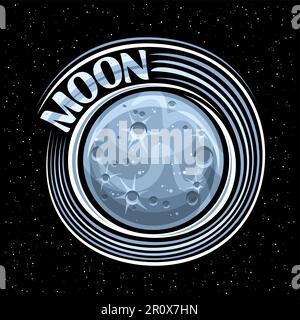 Vektorlogo für Moon, Fantasy cosmo-Aufdruck mit rotierendem Steinsatelliten, Planet Mond-Oberfläche mit Kratern und Bergen, dekoratives Schild mit einzigartigem le Stock Vektor