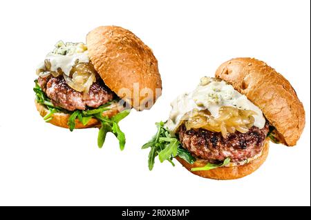 Köstliche Burger mit Blauschimmelkäse, Marmorfleisch, Zwiebelmarmelade und Rucola. Isoliert auf weißem Hintergrund Stockfoto