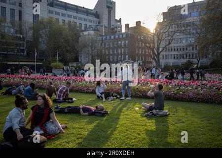 Touristen genießen die Krönungsblumen und den Abendsonnenschein in den Victoria Embankment Gardens im Zentrum von London, England, Großbritannien Stockfoto