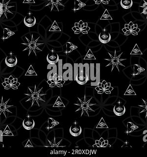 Silberne esoterische Symbole auf schwarzem Hintergrund, nahtloses Muster. Sternensonne des Mondes, astrologische Zeichen, Vektorabdruck Stock Vektor