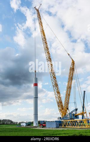 Der Riesenkran verlagert einen Turmteil aus Stahl einer Windturbine auf die erste Baustelle in der Schwerindustrie für ein Kraftwerk für erneuerbare Energien Stockfoto