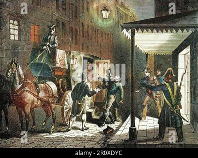 Attassinat du duc de Berry à la porte de l'Opéra par Louvel le 13 février 1820. - "La mort de Charles Ferdinand d'Artois, duc de Berry (1778-1820) le 13/02/1820 a la sortie de l'Academie royale de musique, Paris" Le neveu du roi Louis XVIII est assassine par Louvel un republicain voulant eteindre la dynastie royale" (Ermordung von Charles de Ferdinand) (1778-1820) Von Louis Louvel, vor dem Opernhaus in der Rue de Richelieu, 13. Februar 1820) Gravure Stockfoto