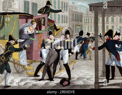 Attassinat du duc de Berry à la porte de l'Opéra par Louvel le 13 février 1820 - Attentat auf Charles-Ferdinand von Frankreich (1778-1820) Duke of Berry von Louis Louvel vor dem Opernhaus in der Rue de Richelieu, 13. Februar 1820 - 'La mort de Charles Ferdinand de Bourbon, duc de Berry (1778-1820) le 13/02/1820 a la sortie de l'Academie royale de musique' Le neveu du roi Louis XVIII est assassine a l'Opera par Louvel un republicain voulant eteindre la dynastie royale. Schwerkraft. Stockfoto