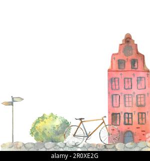 Isolierte Aquarelle, von Hand gezeichnete Straße, Haus, Fahrradweg, in Aquarell in primitivem Stil gestrichen. fenster, Dach, Türen, Wände, Pi Stockfoto