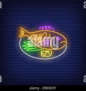 Gekochter Fisch auf einem Neonschild Stock Vektor