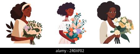 Stelle ein Vektorbild einer glücklichen Frau auf, die bereit ist, eine Ehefrau zu werden, mit Blumen in isolierten Händen Stock Vektor