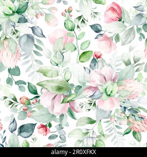 Nahtloses, wasserfarbenes Blumenmuster mit pinkfarbenen Gartenblumen, Blättern, Zweigen. Botanische Fliesen, Hintergrund. Eukalyptus, Pfingstrosen, Rosen. Stockfoto