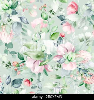 Nahtloses, wasserfarbenes Blumenmuster mit pinkfarbenen Gartenblumen, Blättern, Zweigen. Botanische Fliesen, Hintergrund. Eukalyptus, Pfingstrosen, Rosen. Stockfoto