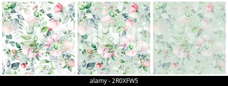 Nahtloses, wasserfarbenes Blumenmuster mit pinkfarbenen Gartenblumen, Blättern, Zweigen. Botanische Fliesen, Hintergrund. Eukalyptus, Pfingstrosen, Rosen. Stockfoto