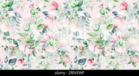 Nahtloses, wasserfarbenes Blumenmuster mit pinkfarbenen Gartenblumen, Blättern, Zweigen. Botanische Fliesen, Hintergrund. Eukalyptus, Pfingstrosen, Rosen. Stockfoto