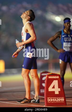 Karsten Warholm schreit zu Beginn der 400m Hürden bei der Leichtathletik-Weltmeisterschaft 2019 in Doha. Stockfoto