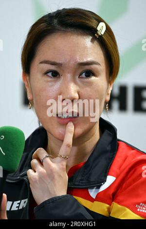 Düsseldorf, Deutschland. 10. Mai 2023. Shan Xiaona beantwortet die Fragen der Journalisten. Vom 20. Bis 28. Mai 2023 findet die Individual World Championship 2023 in Durban, Südafrika, statt. Kredit: Federico Gambarini/dpa/Alamy Live News Stockfoto