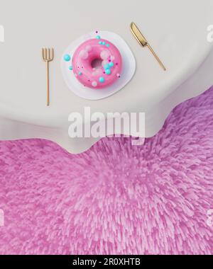 Donut mit Glasur auf dem Teller auf pinkfarbenem Hintergrund. 3D-Rendering, 3D-Abbildung. Stockfoto