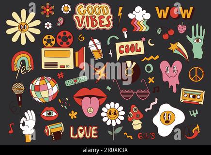 Set mit klassischen 70s- und 60s-Hippie-Stickern im Retro-Look Stock Vektor