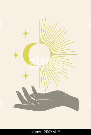 Abbildung: Hand hält Sonne und Mond. Tarotkarte Stock Vektor