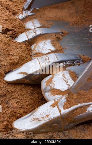 Die Stahlzähne der Baggerschaufel sind auf gelbem Sandhintergrund geschlossen. Stockfoto