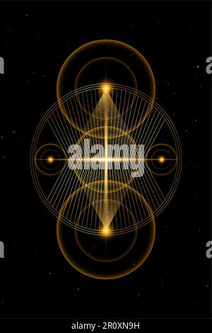 Planetarische heilige Geometrie, goldene Linien überlappen sich, Dreiecke Formen auf Kreisen. Umlaufbahnen des Energiekreises. Alchemie, Magie, esoterische, Okkultismus-Symbole Stock Vektor