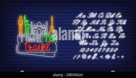 Time To Travel Neon Schriftzug mit berühmten Wahrzeichen Stock Vektor