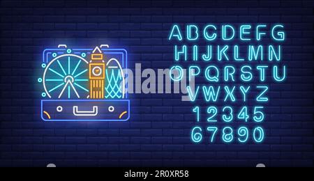 Big Ben, London Eye in offenem Koffer, Neonschild Stock Vektor