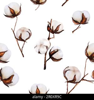 Zarte Wattestäbchen in Aquarellfarbe zeichnen ein nahtloses Muster auf weißem Hintergrund. Botanische, elegante Öko-Illustration Stockfoto