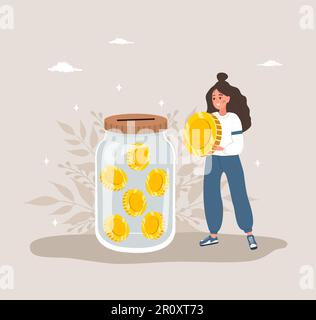 Spendengeldkonzept. Süße Frau mit Glasglas voller Goldmünzen. Internationaler Wohltätigkeitstag. Fundraising-Konzept. Vektor-Cartoon-Illustration Stock Vektor
