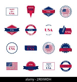 Satz verschiedener Made in USA-Etiketten, isoliert auf weißem Hintergrund, Vektordarstellung. Stock Vektor