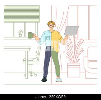 Ein Geschäftsmann in Hybrid-Kleidung, einem formellen Anzug und Heimkleidung mit einem Laptop in der Hand, vor dem Hintergrund eines Arbeitsbüros und einer gemütlichen Atmosphäre Stock Vektor
